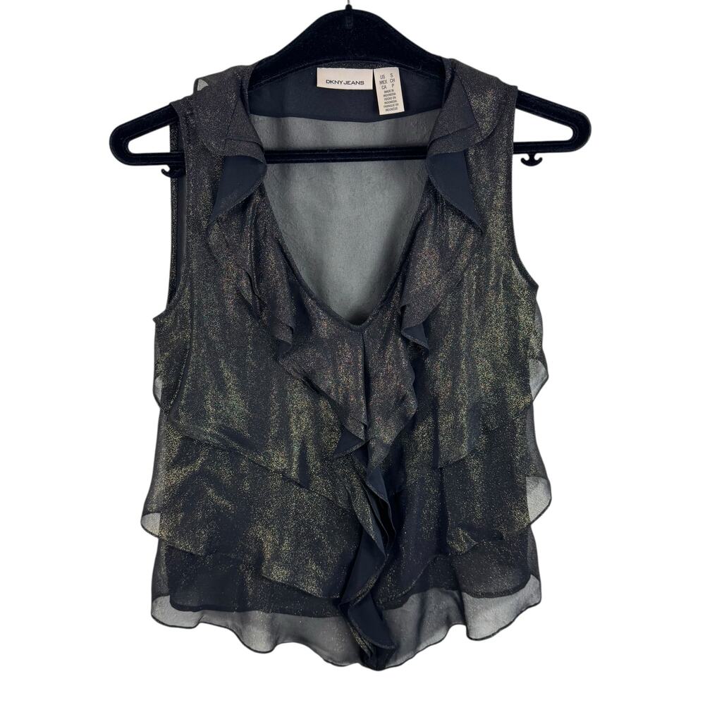 DKNY Black Gold Sheer Ruffled V-Neck Glitz Glam Lightweight Tank Blouse Small